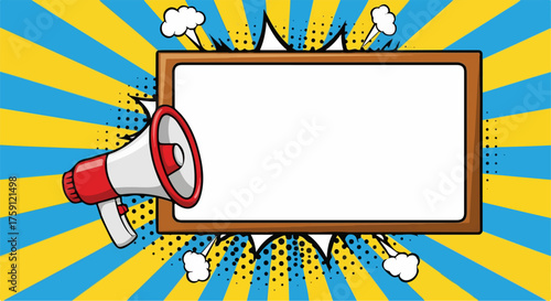 Cartoonish Red and White Megaphone with Brown Frame and Comic Style Background