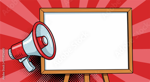 Pop Art Style Megaphone and Blank Whiteboard on Easel for Announcements