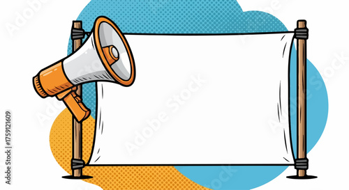 Cartoon-style megaphone with blank banner for message, orange and white