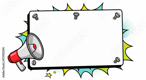 Pop Art Megaphone Announcement Frame with Comic Style Speech Bubble and Halftone Spikes