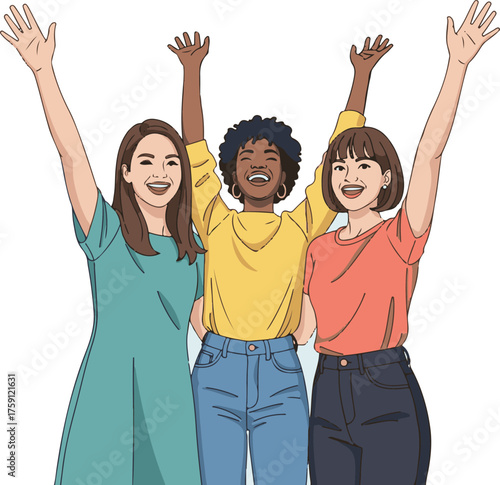 Flat Art of Three Happy Diverse Women with Raised Hands