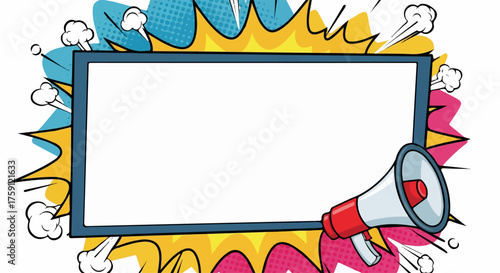 Dynamic pop art comic book frame with a megaphone, explosive background, and smoke puffs.