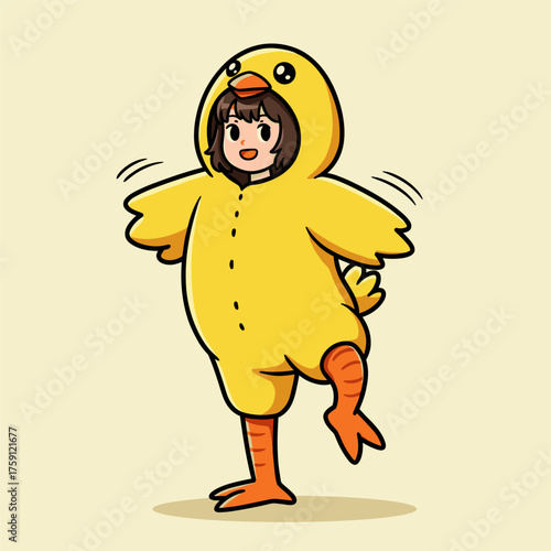 A cute cartoon illustration of a person happily dancing or posing in a yellow chick costume with motion lines indicating movement.