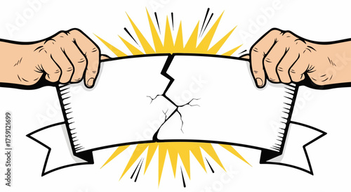 Hands Tearing White Banner with Yellow Burst, Cartoon Style