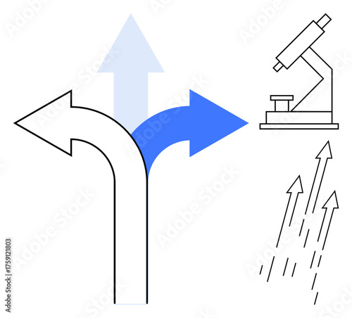 Diverging arrows illustrating choices, microscope symbolizing research, upward arrows for growth. Ideal for innovation, education, direction, problem-solving, science progress and goals. Simple