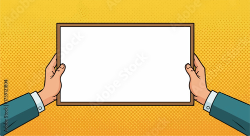 Pop art style hands in teal sleeves holding a blank wooden framed white board, ready for text.