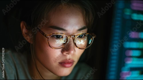 Digital Stare: A focused gaze of an Asian person, their eyeglasses reflecting the digital world of technology. She is deep in concentration, bathed in the cool light of a screen. 
