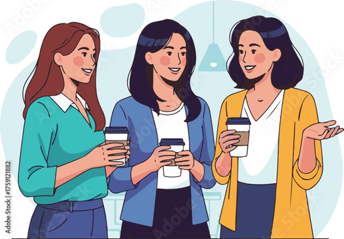 Stylized Flat Design Art of Three Women Holding Coffee Cups