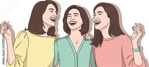 Three Happy Women Laughing in Modern Flat Vector Style