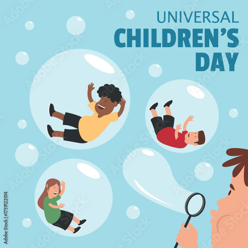 Universal Children's Day Poster. Little children playing with bubbles
