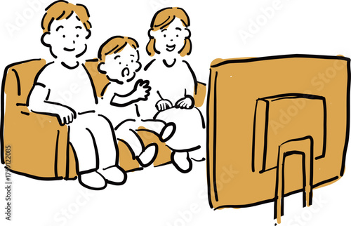 Hand-drawn illustration of a family watching TV on the sofa