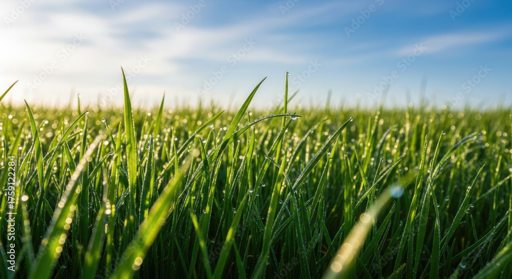 Obraz premium Close-up of fresh green grass with morning dew drops sparkling in sunlight under a clear blue sky perfect for nature and outdoor themes
