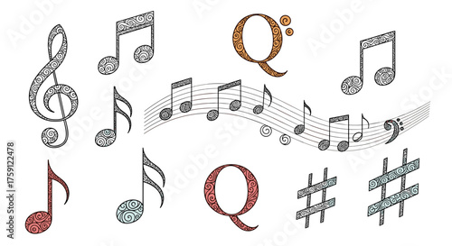 Decorative musical notes and clefs with elegant swirls and glitter effects.