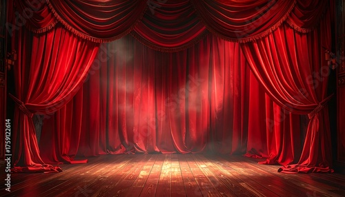 A theatrical scene with rich, red velvet curtains framing a dark stage with a wooden floor, lit by spotlights, giving a grand, dramatic feel