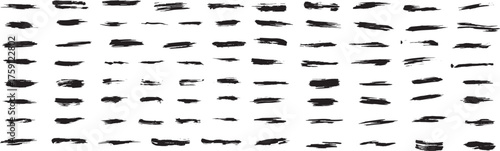 Extensive collection of isolated black brush strokes with varying lengths, textures and opacity arranged in neat rows. artistic brush marks, hand-painted textures, grunge design