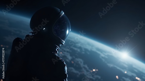Astronaut in Space with Earth and Sun Visible.