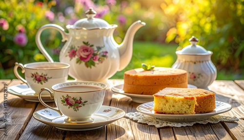 A tea party scene features a white floral tea set, cake, and pastries on a rustic wooden table, bathed in natural light