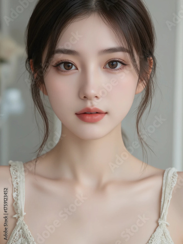 A Japanese woman with long hair making a serious face in the studio. Generative AI