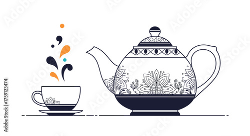 A decorative teapot and cup with steam rising in an artistic illustration.