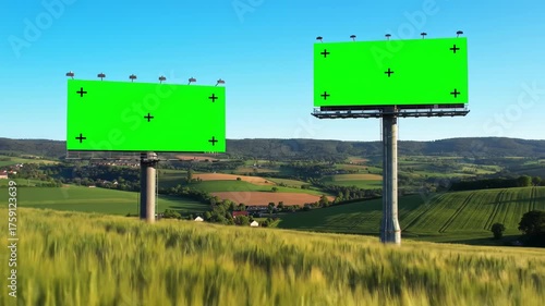 Two green billboards stand above a field of wheat overlooking a rolling, green landscape