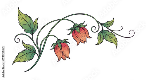 A delicate floral motif featuring two blooming buds and trailing green leaves.