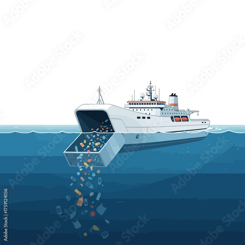 Ship dumping plastic waste into the ocean.