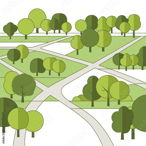 Top-down view of a park with trees and paths.