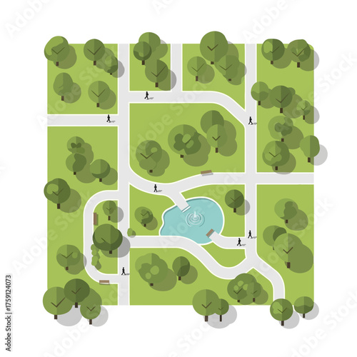 Top-down view of a city park with a pond and walking paths.