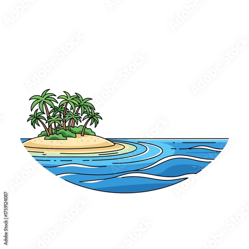 Tropical Island Paradise with Palm Trees and Ocean Waves.