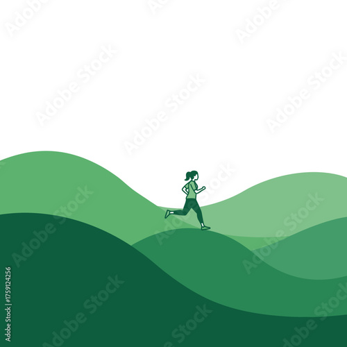 Woman running through rolling green hills, healthy lifestyle and outdoor activity.