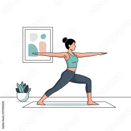 Woman practicing Warrior II yoga pose in a bright room.