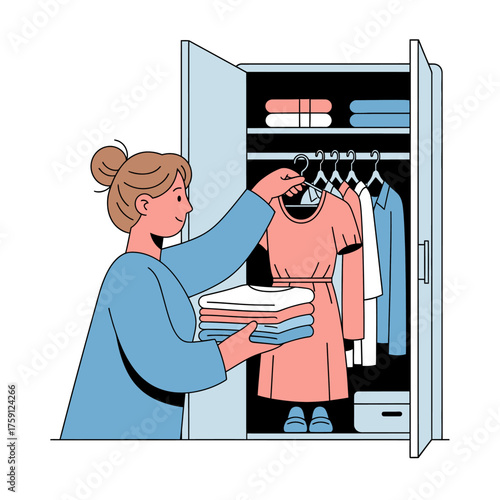 Woman organizing clothes in a wardrobe.