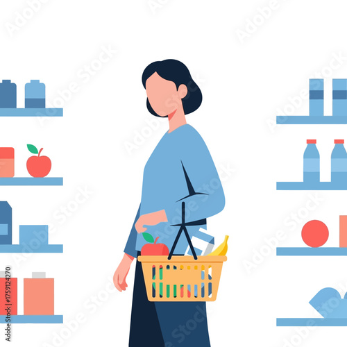 Woman shopping in a grocery store with a basket full of groceries.