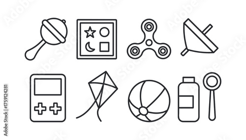 Childhood Toys, Games, and Playtime Icon Set in a Minimalist Outline Vector Design, Featuring Rattle, Shape Sorter, Fidget Spinner, Spinning Top, Handheld Game, Kite, Beach Ball, and Bubble Solution