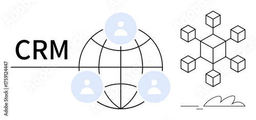 CRM text with global sphere connecting user icons, geometric cube network symbolizing data flow and connectivity. Ideal for teamwork, collaboration, business, technology, innovation, strategy, simple