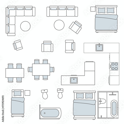Detailed overhead furniture layout plan, ideal for interior design mockups and architectural planning, showcasing a full house furniture placement blueprint