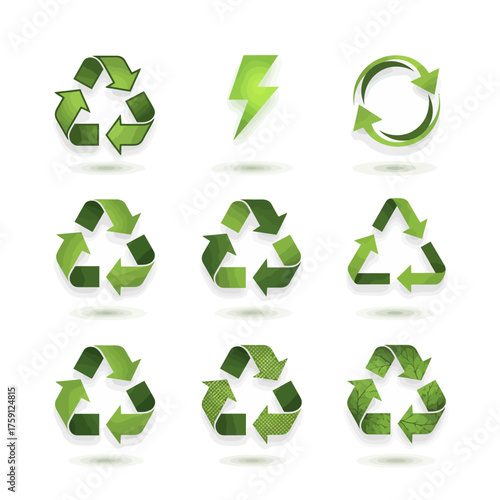 Go Green Concept: Sustainable living with recycle symbols and energy bolt, perfect for eco-friendly campaigns and environmental initiatives, all in a fresh, clean style