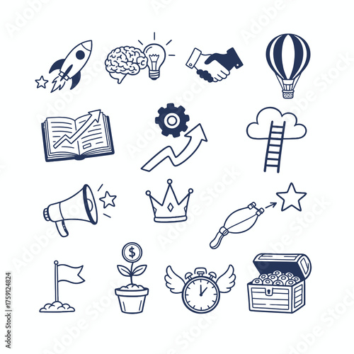 Unlock business potential with visionary doodles of success, innovation, and growth, perfect for entrepreneurs and modern startups aiming for a competitive edge.