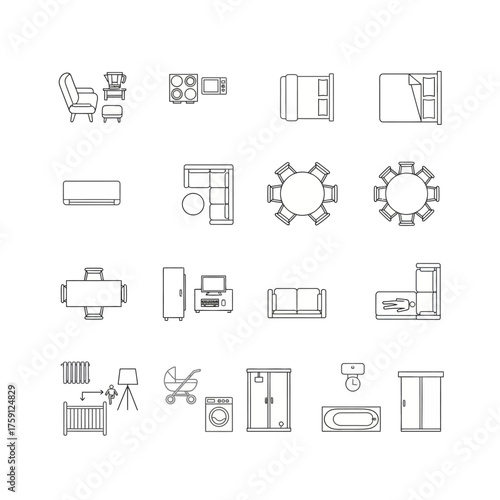 Detailed furniture layout icons, perfect for interior design plans, architectural blueprints, home staging guides, space planning, and renovation projects with style