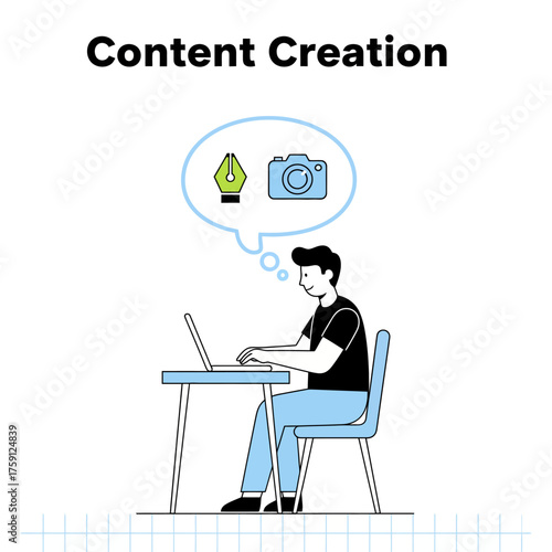 Content creator brainstorming ideas using a laptop, thinking about design and photography, perfect for digital marketing and creative projects