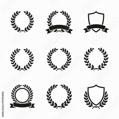 Elegant laurel wreath and shield collection for exceptional design projects, ideal for awards, logos, and brand enhancement with a sophisticated classic aesthetic.