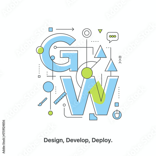 Modern graphic art illustration for design, develop, and deploy featuring geometric shapes and vibrant colors for innovative tech company branding and marketing