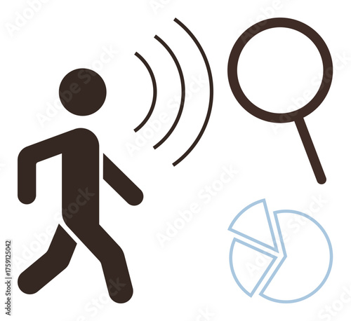 Person walking with sound waves, magnifying glass, and pie chart, symbolizing monitoring, research, data analysis, navigation, tracking, behavioral patterns and communication in a simple flat