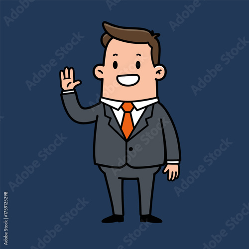 A cartoon illustration of a happy businessman in a gray suit and orange tie who is waving hello.