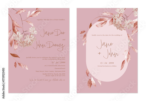 Wedding invitation and save the date template set with clusters of watercolor...