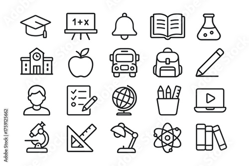Educational icons in linear style on transparent background  
