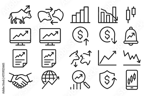 Set of Financial and Stock Market Icons on a Transparent Background  
