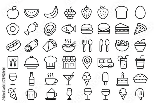 Line icons of various foods and beverages on transparent background  