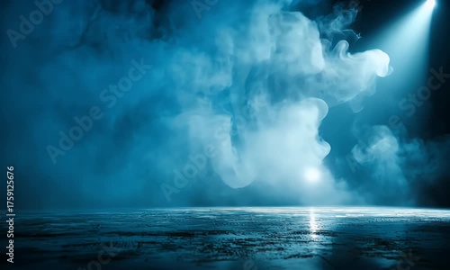 A cinematic and mysterious animated background of a dark stage with a bright spotlight from above, illuminating swirling smoke and fog on the floor. Seamless loop video for presentation or product dis
