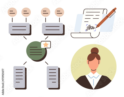 Decision hierarchy with linked stages, signed document for formalities, female professional portrait. Ideal for business management, contract review, team leadership, decision-making, legal